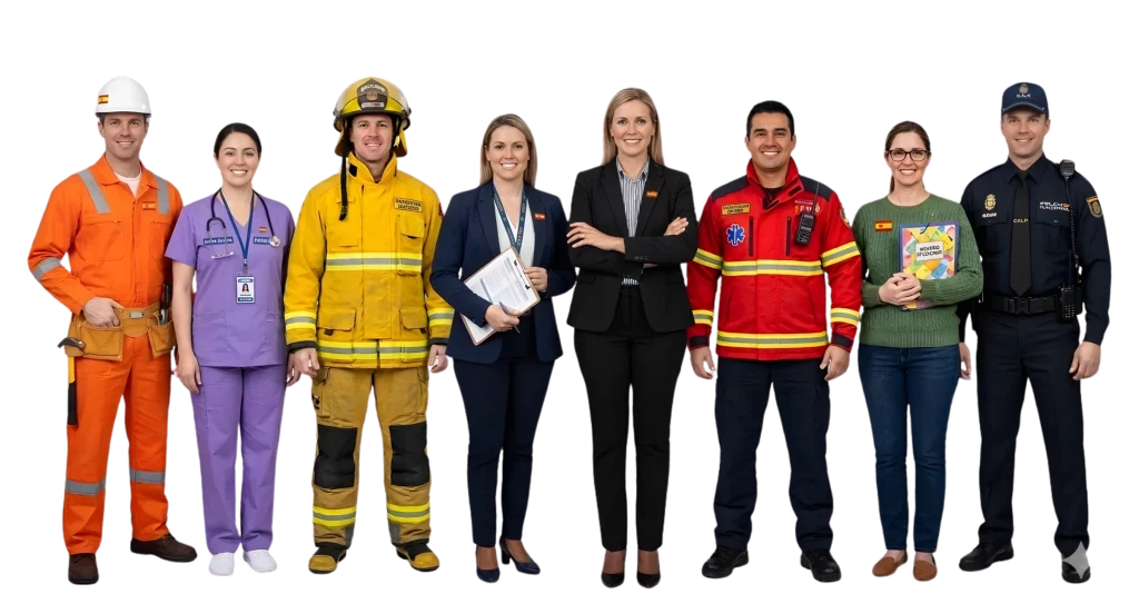 Grupo diverso de profesionales sonriendo y posando en fila, incluyendo un obrero, médico, bombero, ejecutivas, paramédico y policía.