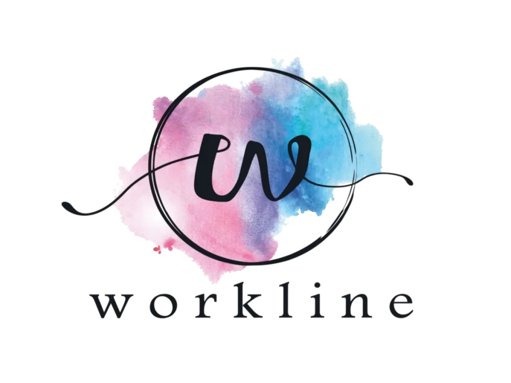 Logotipo de Work Line con fondo de acuarela rosa y azul