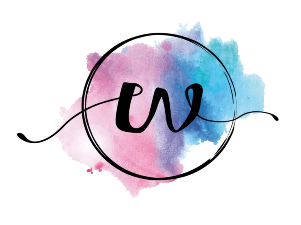 Logotipo de Work Line con la letra W en un círculo sobre un fondo de acuarela rosa y azul