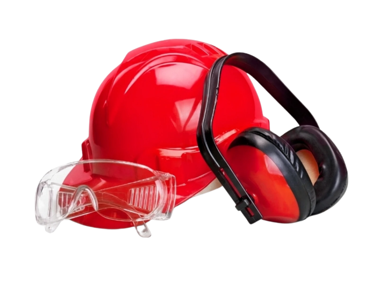 Casco de seguridad rojo con gafas de seguridad transparentes y protectores auriculares negros